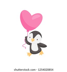 Lovely penguin with pink heart-shaped balloon. Cartoon character of cute animal. Love theme. Flat vector design