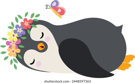 Lovely penguin sleeping with wreath floral on head