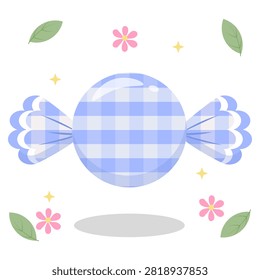 Lovely periwinkle blue pastel gingham wrapped candy with flower and leaf gimmick. Great for stickers and cool summer aesthetics. Flat vector design