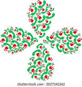 Lovely phone receiver exploding flower shape. Object flower with 4 petals composed from oriented lovely phone receiver items. Vector flower collage in flat style.