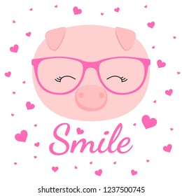 Lovely pig face in glasses with pink hearts on white background. Illustration for children print design, kids t-shirt, baby wear. Vector greeting card.