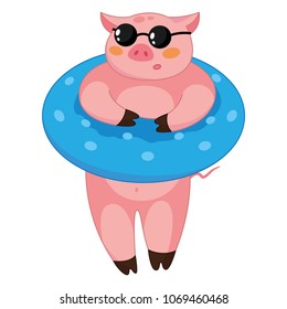 Lovely pig with inflatable life ring. vector
