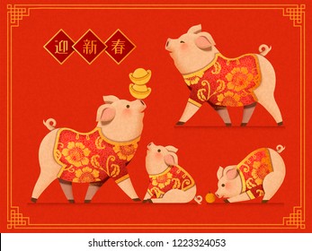 Lovely piggy wearing Chinese traditional clothes with gold ingot in paper art