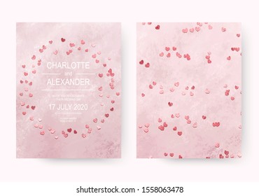 Lovely pink acrylic wedding invitation cards with rose gold hearts confetti.