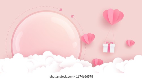 Lovely pink background with heart balloons, gift, clouds and big glass cover on pink. Paper art.