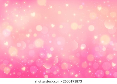 Lovely pink background with hearts and bokeh. Cute romantic sky with light glitter and sparkles. Abstract pastel Valentine blurred wallpaper. Girly fairy fantasy backdrop.