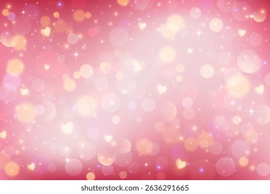 Lovely pink background with hearts and bokeh. Cute romantic sky with light glitter and sparkles. Abstract pastel Valentine blurred wallpaper. Girly fairy fantasy backdrop.
