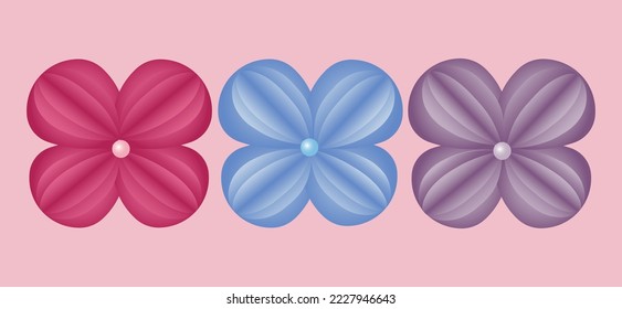 Lovely pink, blue and purple bows with a pearl inside. Paper cut style. Vector graphics.