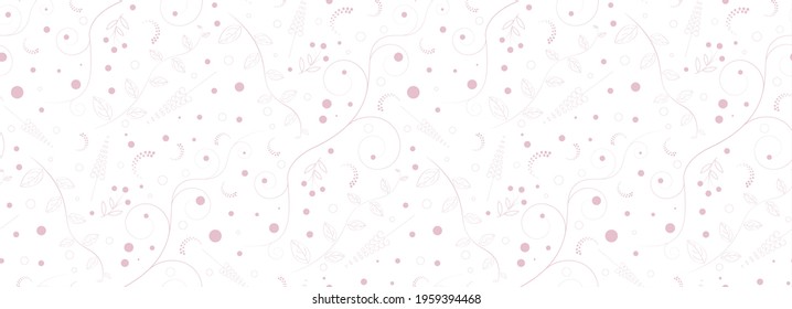 Lovely Pink Bouquet Vector Card and Floral Pattern. Pink Abstract Flowers Pink  Twigs and Leaves. Infantile Style Design. White Background with Delicate Dots. Soft White Leaves on Pink Background.