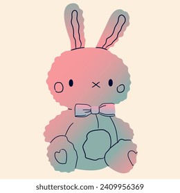 Lovely pink bunny rabbit toy sitting.Cute animal character.Happy Easter day,Valentine's day cartoon character design.Blue-pink gradient.Greeting card, print, design template. Vector illustration EPS10