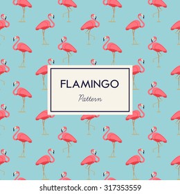 Lovely pink flamingo vector flat seamless pattern in light blue and pink color scheme. Ideal for wrapping paper printables, website background, wallpaper and fabric design. Artwork on separate layer