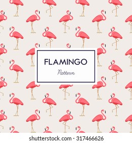 Lovely pink flamingo vector flat seamless pattern in bright beige and pink color scheme. Ideal for wrapping paper printables, website background, wallpaper and fabric design. Artwork on separate layer