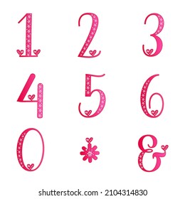 Lovely pink gradient number set. Colorful 123 collection. Valentines day vector. Isolated digits. Heart gemstone and sparkle patterns vector. Illustration for wedding marriage anniversary birthday.