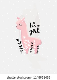 Lovely Pink Llama Standing Among White and Black Blossoming Twigs. White and Black Hand Drawn Flowers. Black Letters. Grey Background With Little White Dots. It's a Girl. Baby Shower Vector Graphic.