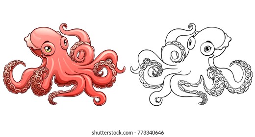 The lovely pink octopus and black contour line on a white background isolated. Marine cephalopod animal. Vector cartoon illustration. Manual sketch, page coloring book.