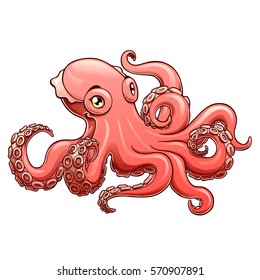 Lovely pink octopus on a white background isolated. Marine cephalopod animal. Vector cartoon illustration. Manual sketch.