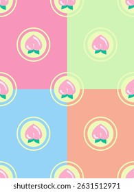 Lovely Pink Peach Berry In Circle Ornament on Multicolor Background for Any Cute Decoration. Summer Healthy Shine with Fruits for Stationery Book Baby Note Wallpaper Diary Cross stitch Pajamas Bedding