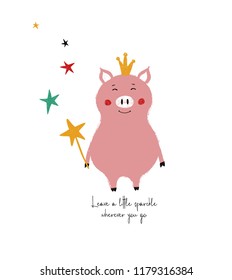 Lovely pink piggy in crown holding a magic wand. Perfect for birthday or any greeting cards, invitations, posters.