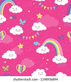 Lovely Pink Rainbow Sky repeating vector pattern. A seamless repeat of happy clouds, rainbows, hearts and butterflies in fun girly colors.