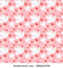 Lovely pink seamless patter fot valentines day for wrapping paper or wallpaper in cartoon style with animal characters doves and hearts