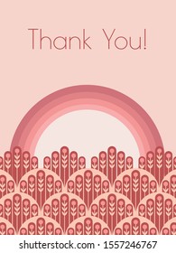 Lovely pink Thank you greeting card vector illustration in monochrome colors for Mothers Day, Valentines Day with rainbow and floral meadow.