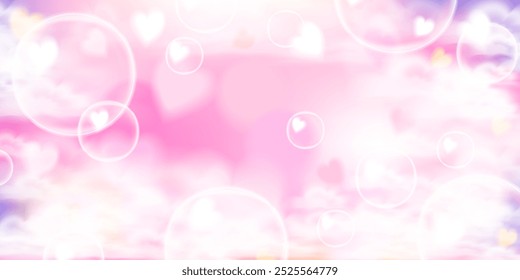 Lovely pink unicorn sky background with bubbles and glowing hearts. Pastel anime sunset cloud banner. Stock vector illustration in realistic style.