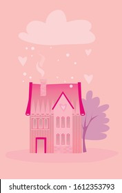 lovely pink valentine's day house card illustration
