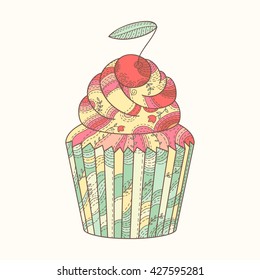 Lovely pink vector cupcake icon with cherry.