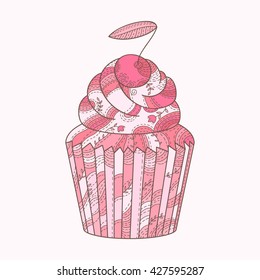 Lovely pink vector cupcake icon with cherry.