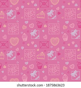 Bonito vector rosa sin fisuras patrón con corazón, presente, cupcake, sobre, pastel para San Valentín o paquete de boda, decoración, invitación, tarjeta, afiche
