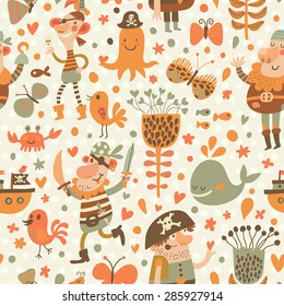 Lovely pirates in cartoon seamless pattern. Sweet background with pirates, flowers, ship, whale, crab and octopus. Awesome seamless pattern in vector