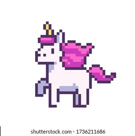 Lovely pixel art unicorn with pink mane on white background