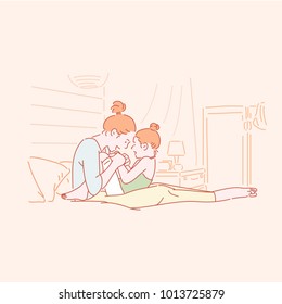 A lovely playful pose of mother and daughter. hand drawn style vector doodle design illustrations.