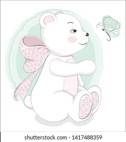 Lovely polar Teddy Bear with a butterfly and a pink bow