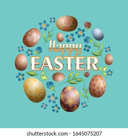 Lovely postcard template with decorated eggs on green background. Happy easter big text. Realictic vector illustration for spring religious holiday