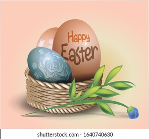 Lovely postcard template with wicker basket with decorated eggs and green twig and blue flower. Orange warm background. Happy easter text. Realictic vector illustration for spring religious holiday