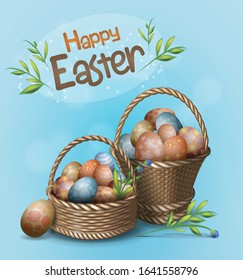 Lovely postcard template with wicker baskets with decorated eggs and green twig. Blue background. Happy easter text. Realictic vector illustration for spring religious holiday