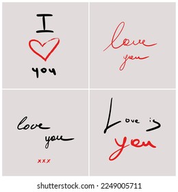 Lovely postcards for Valentine's Day. I love you. Love is. Small text illustration. Greeting card. Vector set of minimalism poster.