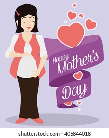 lovely pregnant woman fondling her belly next to a purple ribbon with greeting message for Mother's Day and floating hearts.