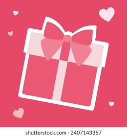 Icono plano de la caja de regalo. Cute romántico paquete Pink Present con cinta Bow y corazones en fondo. Sorpresa de San Valentín, cita perfecta, aniversario del amor. Objeto aislado para Sticker.