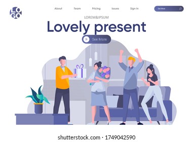 Lovely present landing page with header. Friends celebrating birthday and giving gift to girl scene. People relationships and friendship, happy birthday congratulation flat vector illustration.