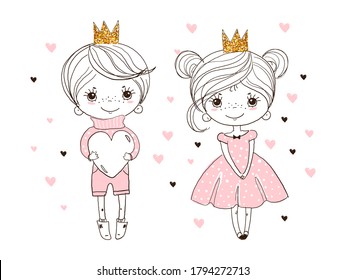 Lovely prince and princess. The boy gives the girl a big heart. Love card, banner for Valentine s day. Doodle vector illustration, coloring book for children. Isolated white background