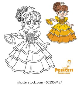 Lovely princess with fan in hand color and outlined picture for coloring book on white background