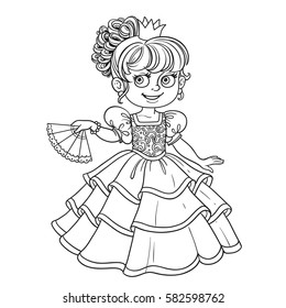 Lovely princess with fan in hand outlined picture for coloring book on white background