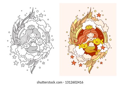 Lovely princess mermaid with two golden fish. Doodle composition for print, poster, coloring book, postcard. Vector illustration.