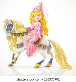 Lovely princess on a white horse with a golden mane in harness