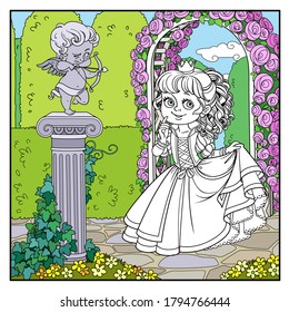 Lovely princess in park with statue of a cupid archer standing on column entwined with ivy page for coloring