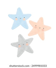 Schöner Druck mit Stars im Kawaii-Stil. Nette einfache Vektorkunst mit blauen, korallenfarbenen und grauen lächelnden Sternen Happy Stars auf weißem Hintergrund.Einfache Kindergartenkunst für Baby Boy ideal für Wandkunst, Karte, Poster.