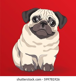 Lovely pug puppy. Cartoon character on red background. Concept for Pets hotel or t-shirt print. 