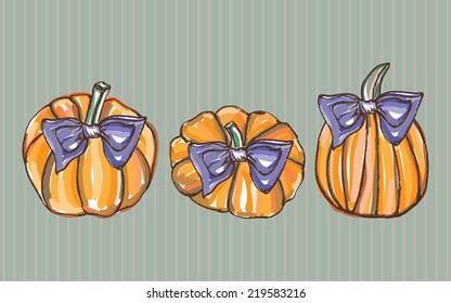 Lovely pumpkins with bows. Vector art.